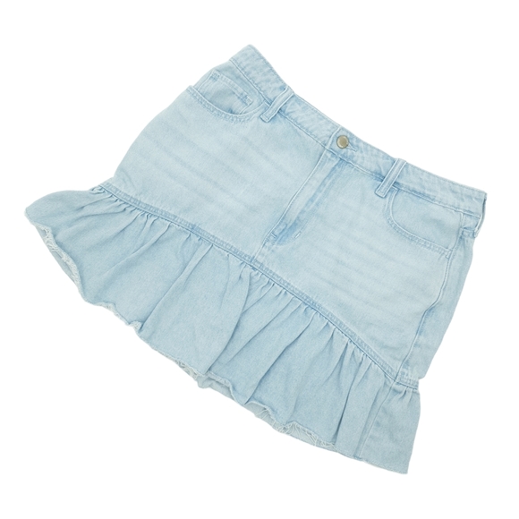 Hollister Dresses & Skirts - Hollister Ultra High Rise Jean Ruffle Mini Skirt Raw Hem Light Wash Women's 31